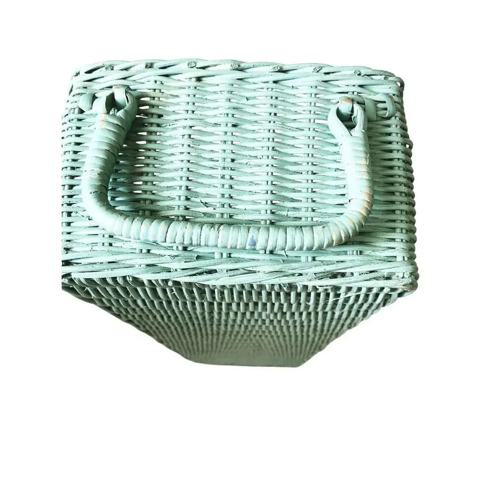 Vintage 60s 70s Caddy Handled Basket Divided Cottagecore Farmhouse Seafoam Green